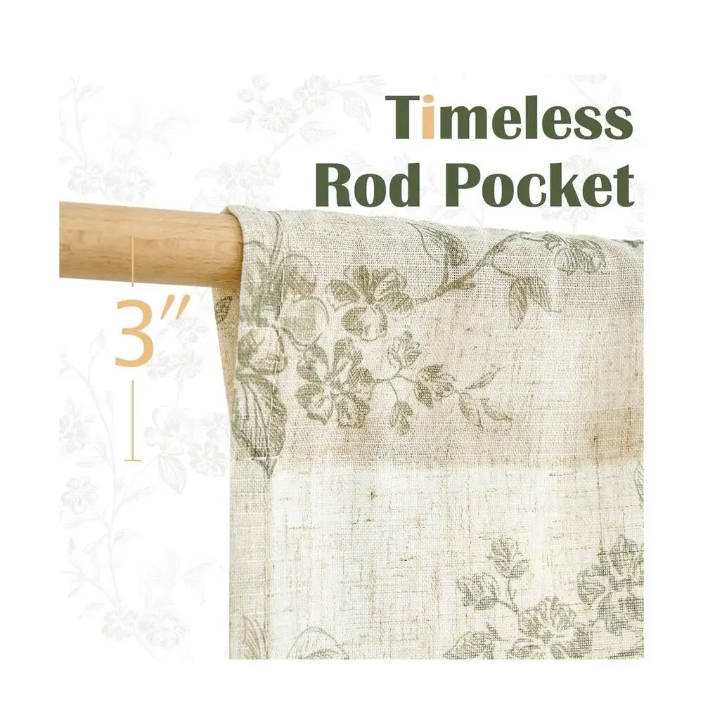 Floral Kitchen Curtains 30 Inch Linen Tier Curtains Farmhouse Cafe Green 2 Panel